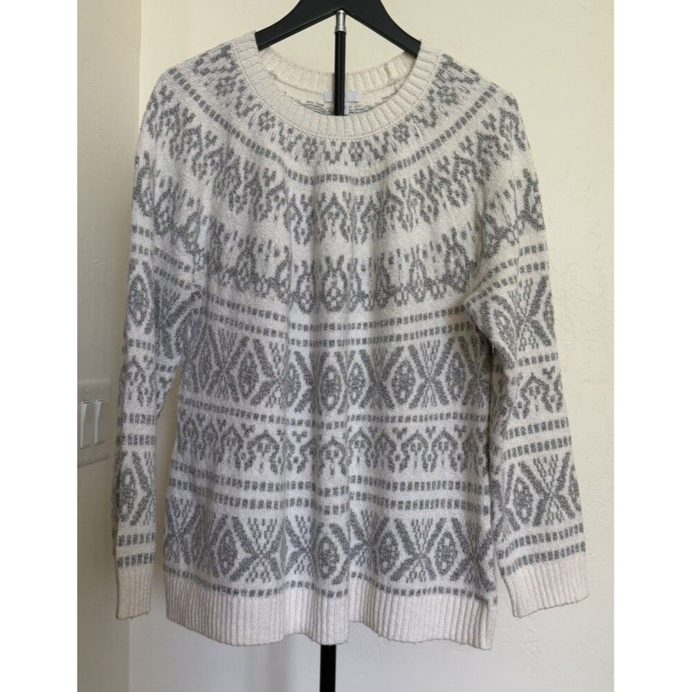 J Jill Barley Gray White L Fair Isle Cotton Blend Pullover Sweater Gray White
